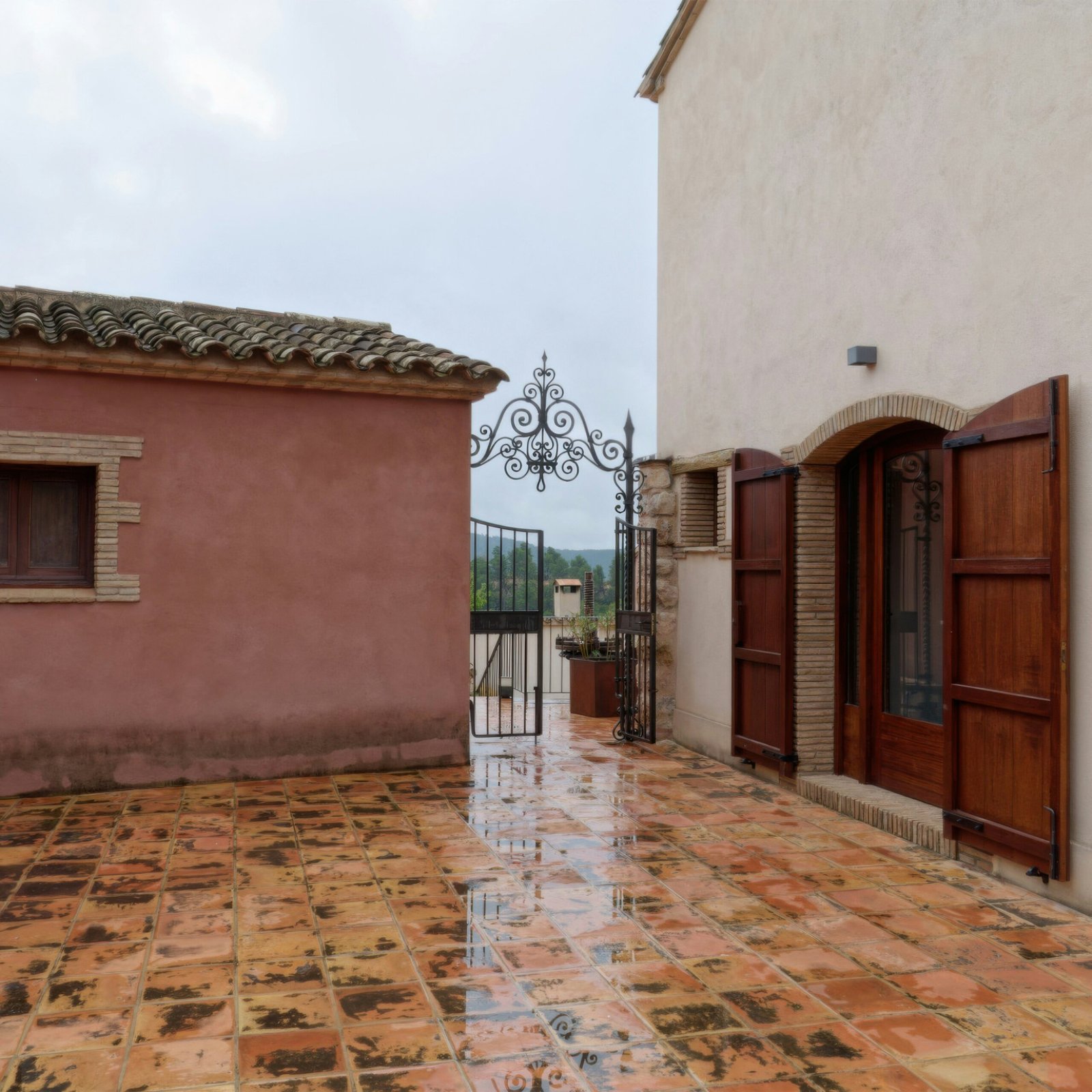 Real photograph of terracotta tiled patio; moodboard only, not verified supplier product